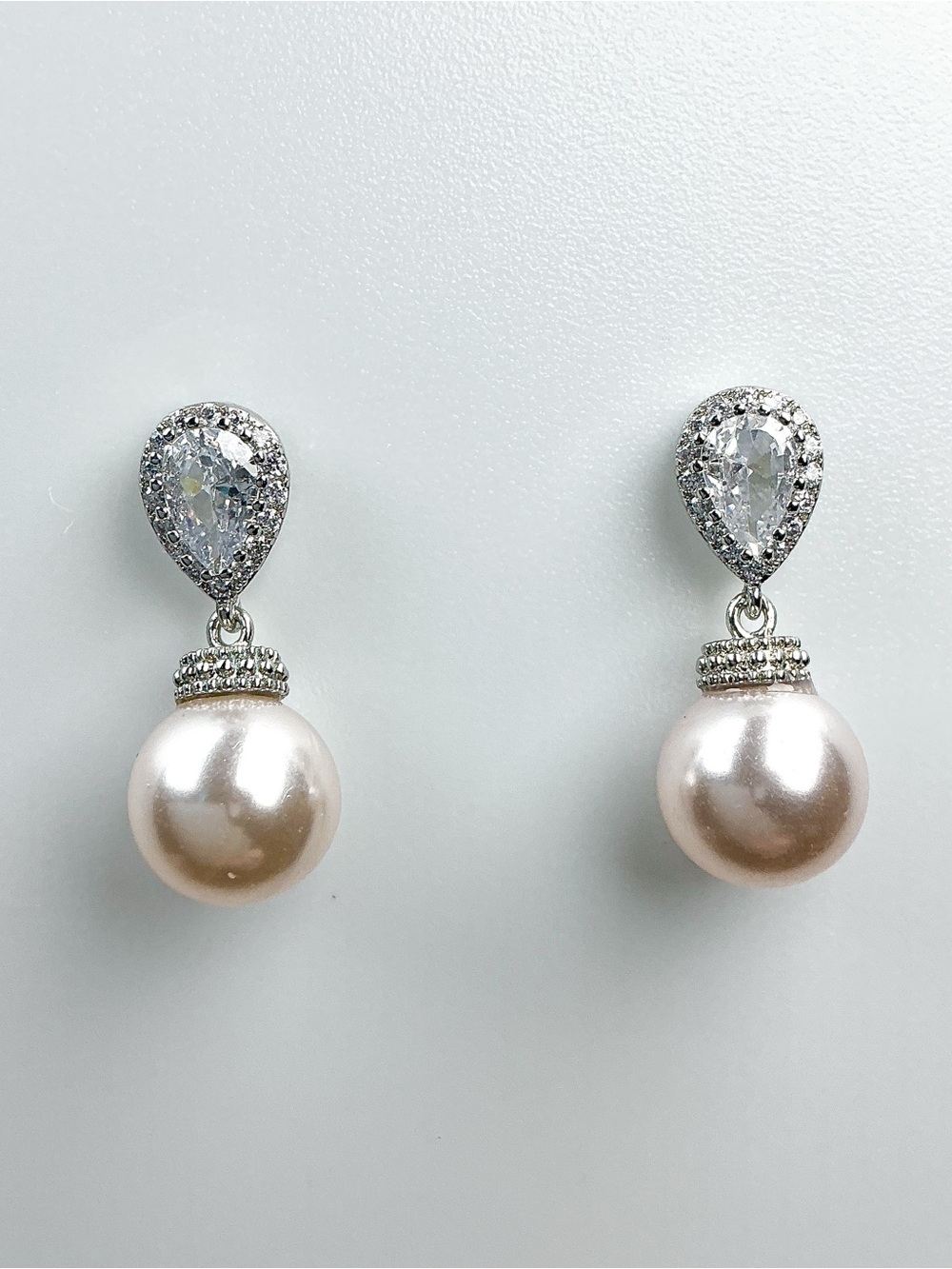 Pink Pearl Drop CZ Diamond Teardrop Bridal Wedding Statement Earrings